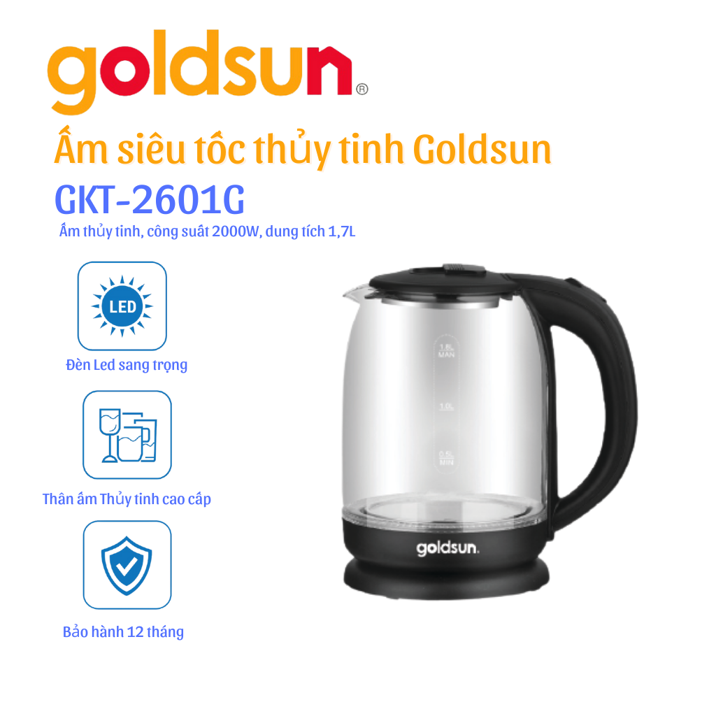 Ấm siêu tốc thủy tinh GKT2601G - 10101246 (Hàng chính hãng)