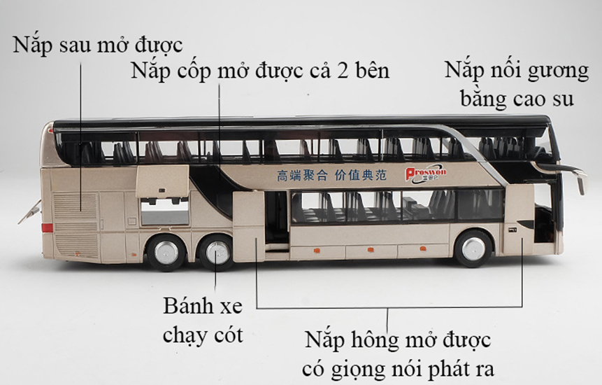 Mô hình xe bus 2 tầng đường dài  KAVY-82 chở khách bằng hợp kim có nhạc và đèn mở được tất cả cánh cửa