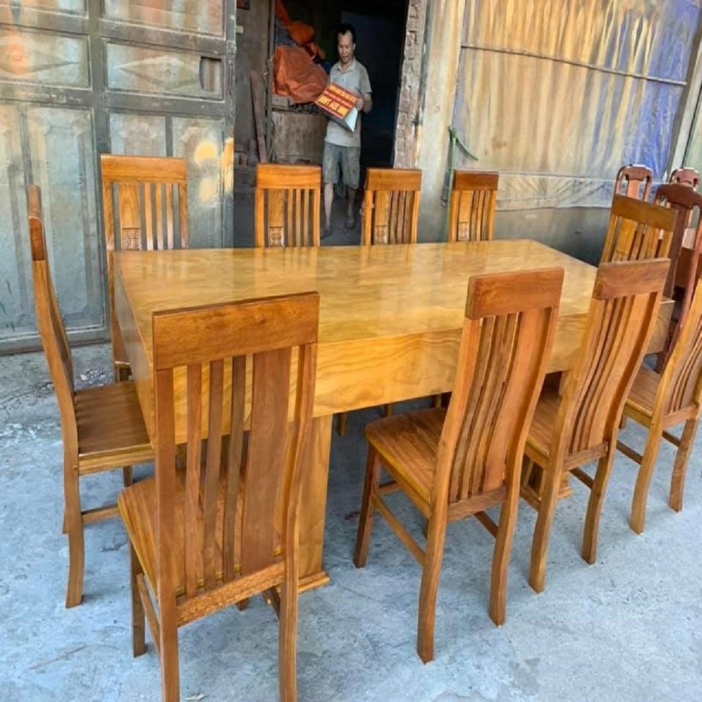Bàn Ăn 10 Ghế Đục Chữ Thọ Lệch Gỗ Cẩm Vàng