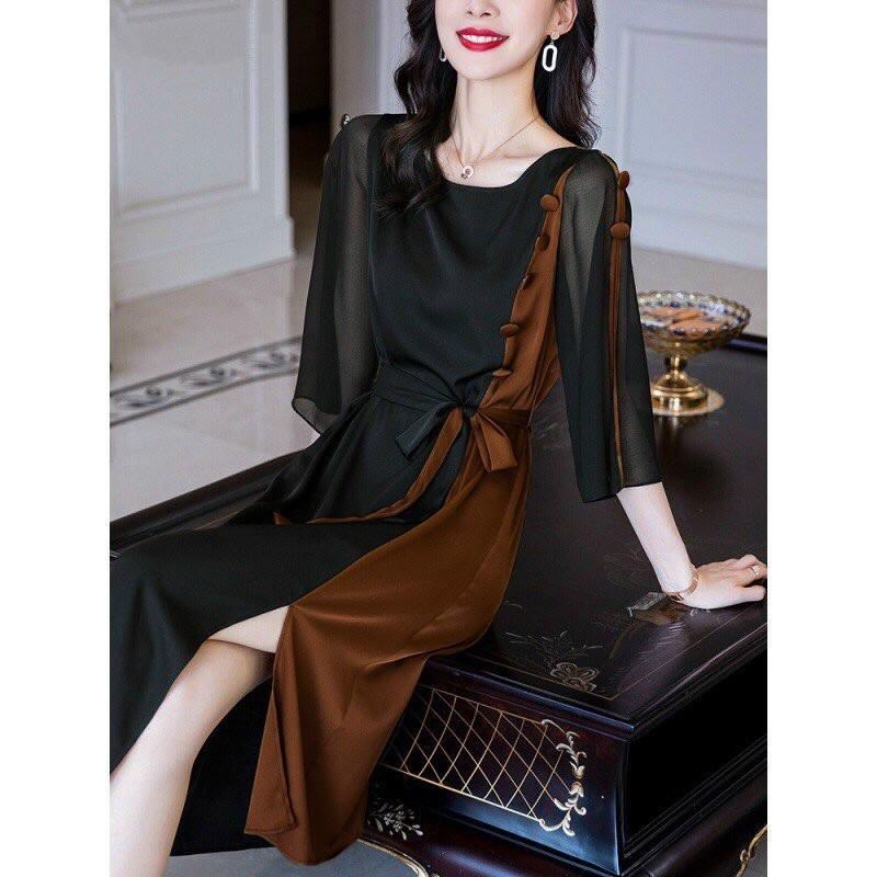 Đầm suông tay xẻ phối màu nâu đen
