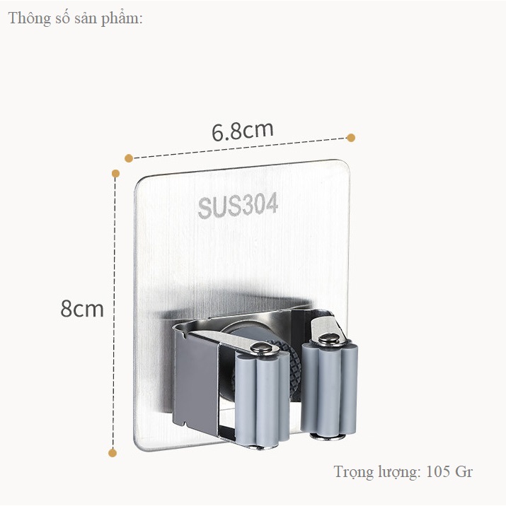 Giá Treo Tường - Móc Treo Cây Lau Nhà, Treo Chổi Inox 304 Dán Tường Cao Cấp