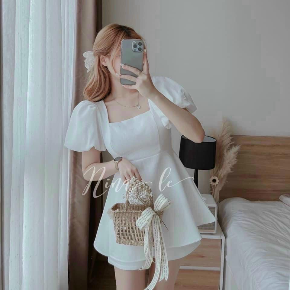 Set bộ áo tay phồng cổ vuông hở lưng kèm quần short thanh lịch thời trang nữ
