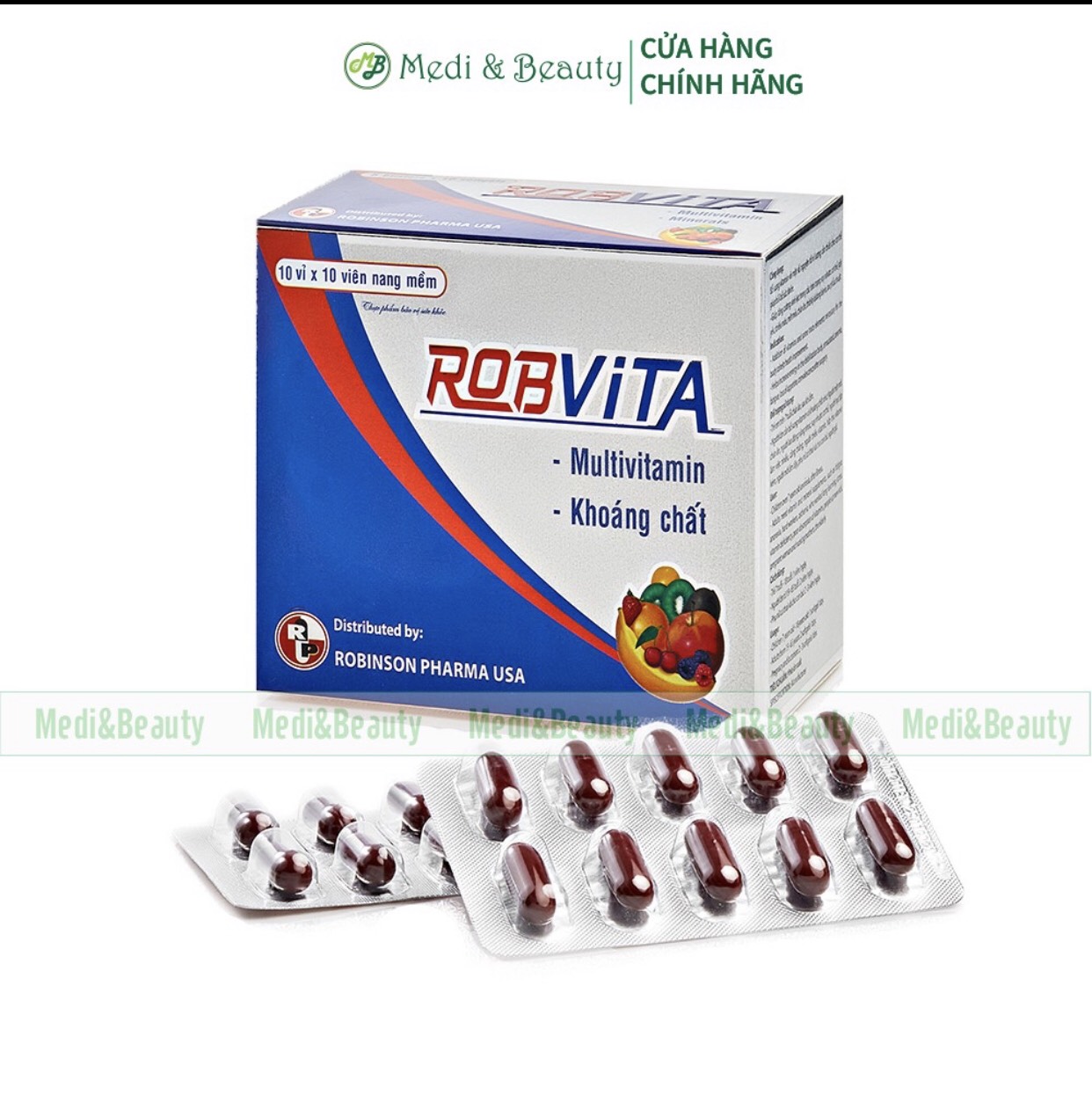 COMBO 2 HỘP TPCN bổ sung multivitamin và khoáng chất bồi bổ sức khỏe Robvita –Medibeauty- Robinson Pharma Usa-Hộp 100 viên Tặng 1 áo mưa dù cao cấp