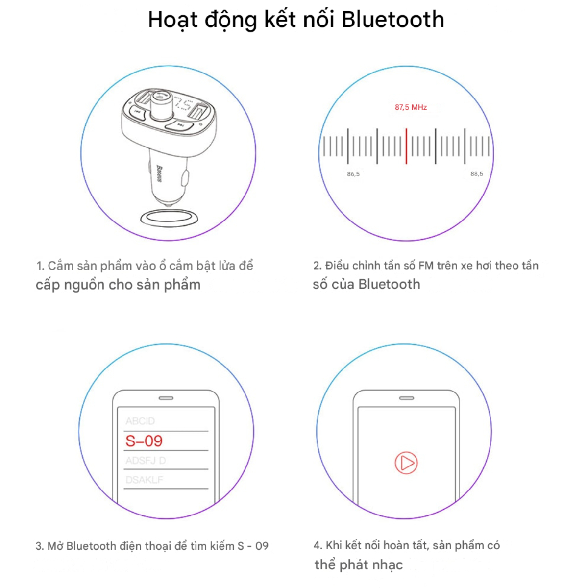 Tẩu sạc đa năng phát nhạc trên ô tô Baseus T Shaped S-09 Car Bluetooth MP3 Player - Hàng chính hãng