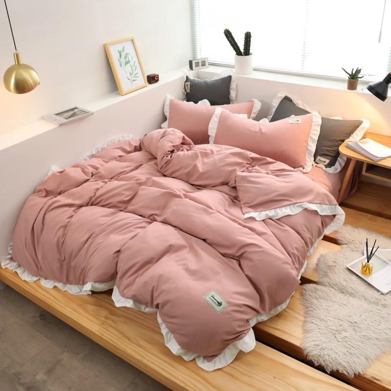 Bộ Chăn Ga Gối Cotton Đũi Viền Bèo - Hồng Viền Trắng