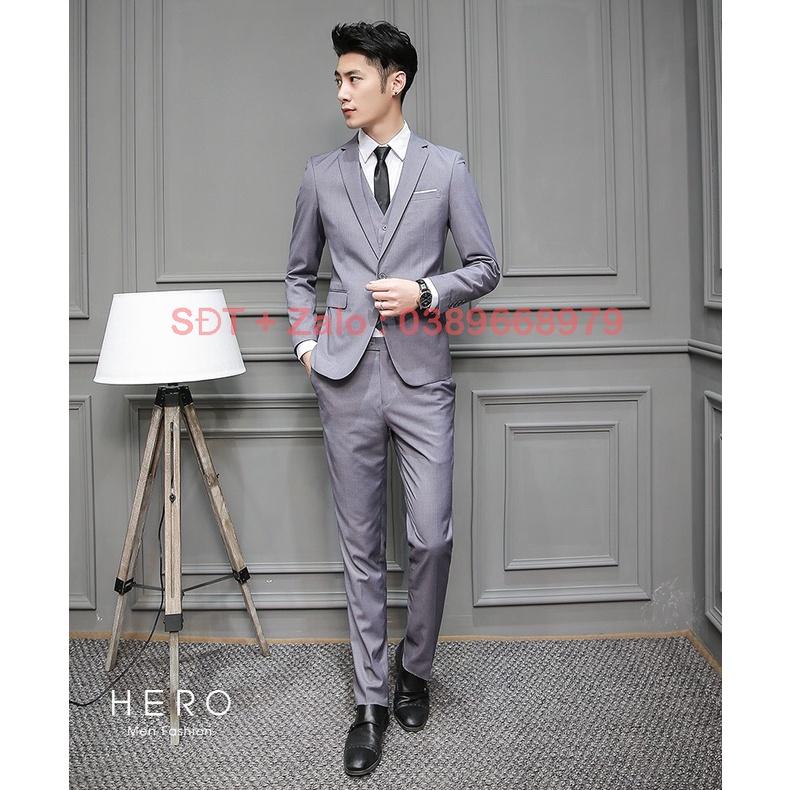 Bộ Vest Nam Cao Cấp Màu Ghi Xám, Bộ Suit Nam Hàn Quốc Vải Sịn