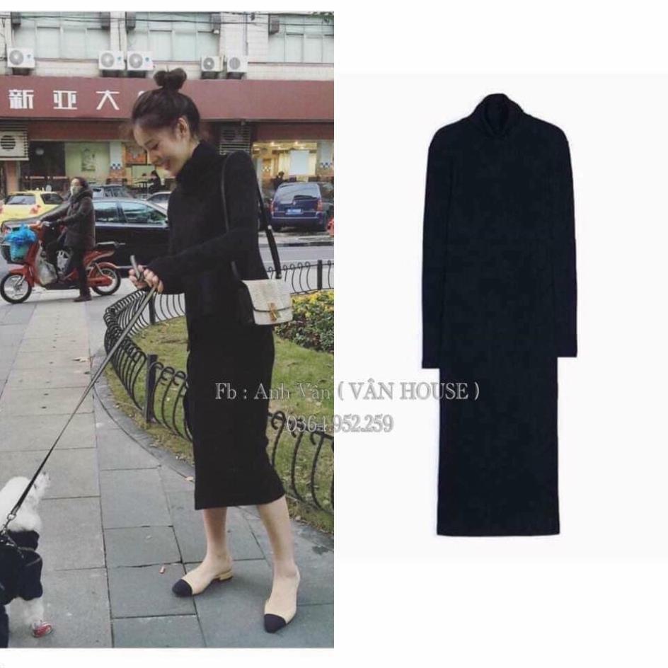 Váy Midi Len Cổ Lọ Nữ Đầm suông dáng dài co dãn màu đen trơn bánh bèo tiểu thư Ulzzang HOT ! *