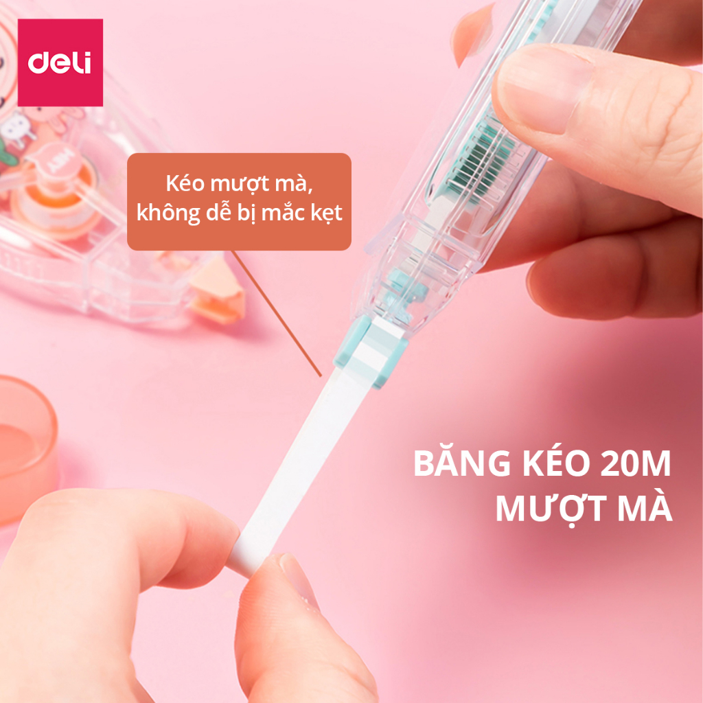 Bút Xóa Băng Học Sinh 20m Kẹo Dẻo Đáng Yêu Deli - Xóa Sạch Phủ Kín Khô Nhanh Viết Đè Lên Ngay - Băng Kéo Cho Học Sinh Văn Phòng