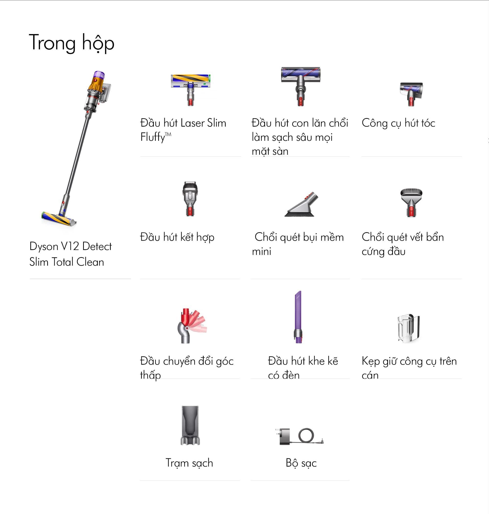 Máy Hút Bụi Dyson V12 Detect Slim Total Clean, Máy Hút Bụi Cầm Tay Không Dây, Nhiều Đầu Hút, Công Suất Lớn, Nhập Khẩu