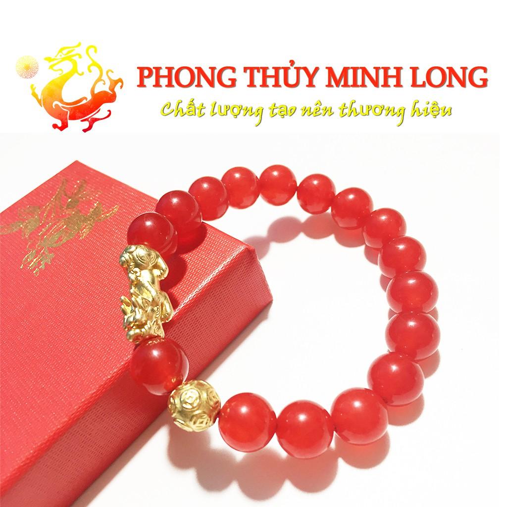 Vòng tay đá Mã Não Đỏ 3A mix tỳ hưu và 1 hạt kim tiền bạc charm Vàng hợp mệnh Hỏa và Thổ
