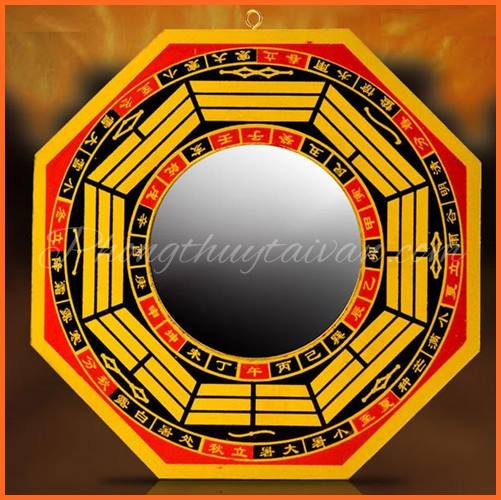 Gương Bát quái Tiên Thiên Lõm cạnh vàng tặng kèm bột ngũ vị bao sái, văn khấn.