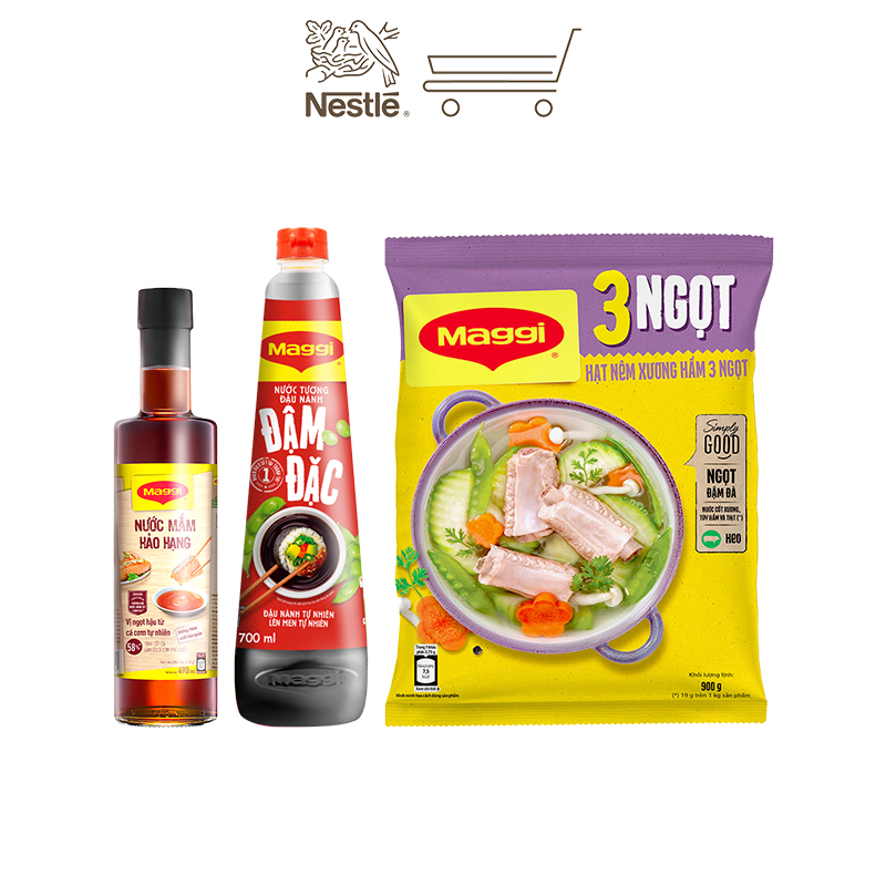 Combo mặn Maggi 1: 1 Hạt nêm heo 900g + 1 Nước mắm hảo hạng 490ml + 1 Nước tương đậm đặc 700ml