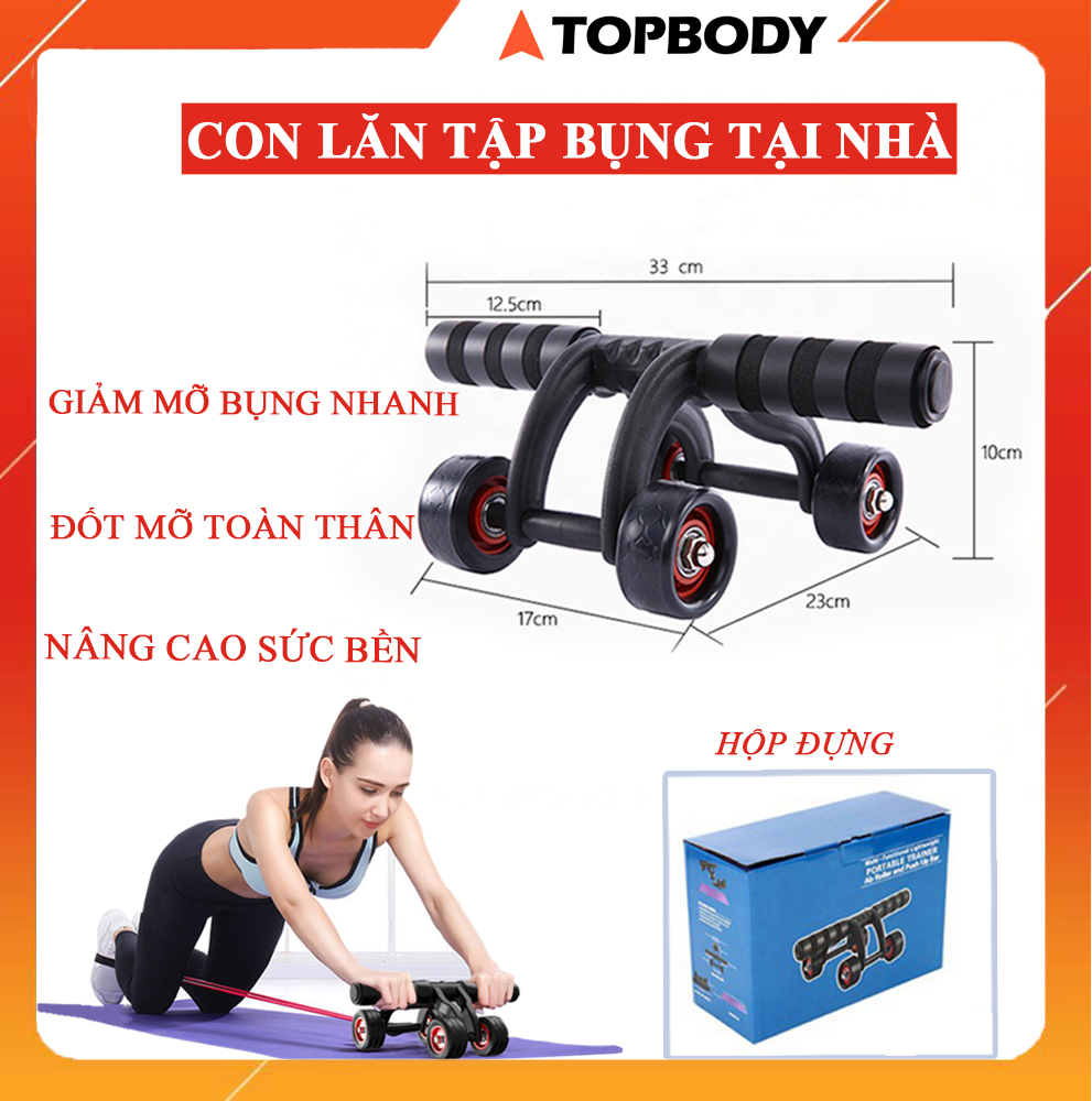 Con lăn 4 bánh tập cơ bụng, tập eo cao cấp, tiện lợi khi tập ở nhà, văn phòng TOPBODY