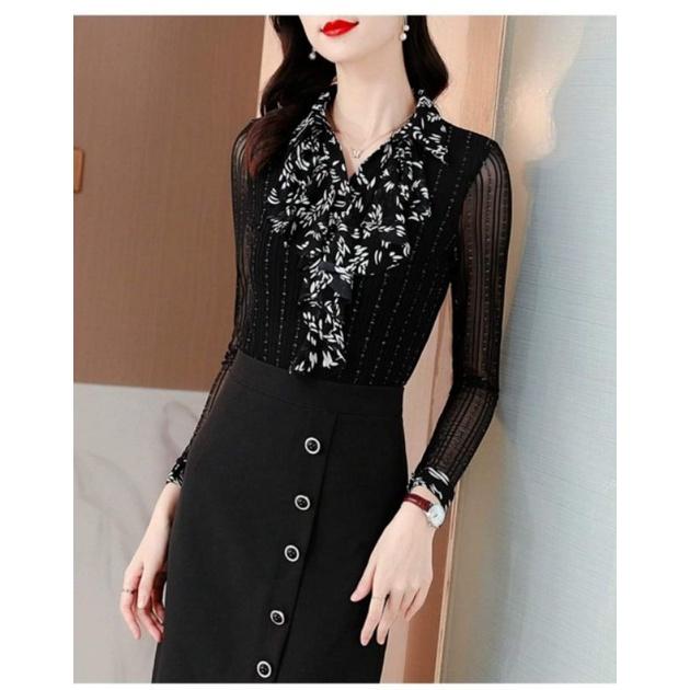 HÀNG NHẬP - ÁO KIỂU THUN LƯỚI CỔ PHỐI VOAN HOA