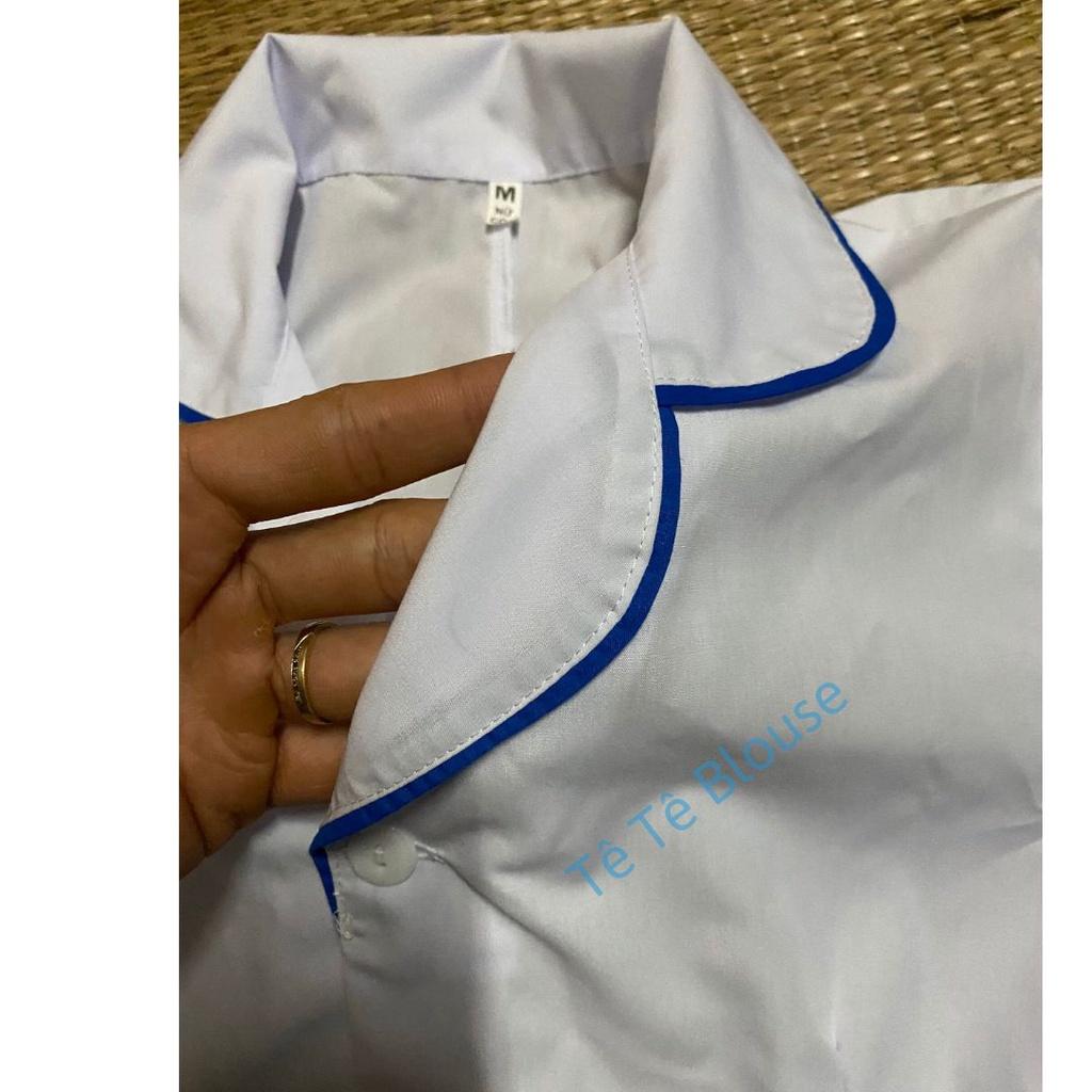Áo Blouse cổ tròn viền xanh dương có đai eo lưng vải Lon dành cho điều dưỡng, y tá, dược sỹ, sinh viên y
