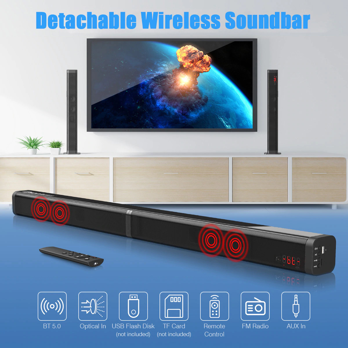 Loa thanh loa soundbar dùng cho smart tivi SK30-Optical có ổ cắm đa năng đi kèm