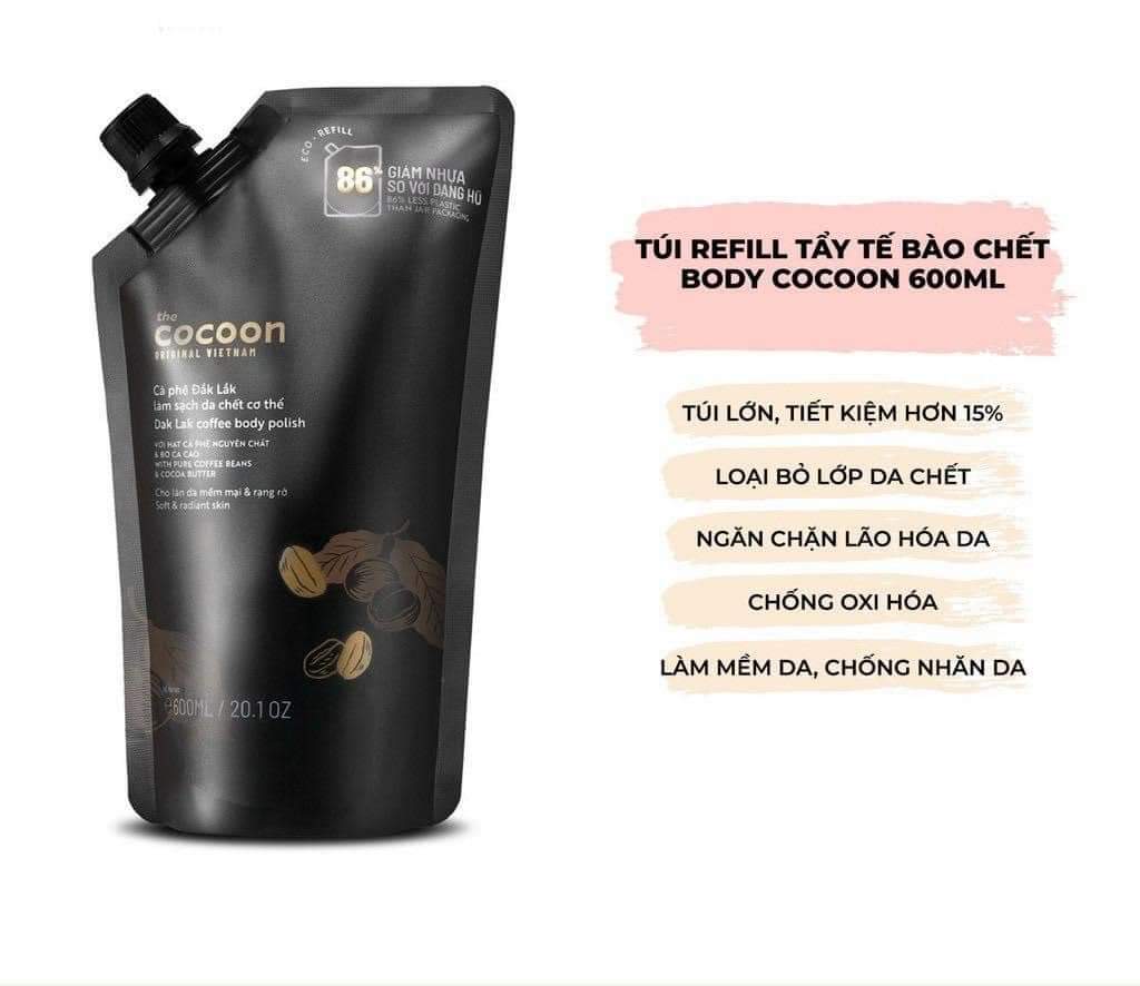 Tẩy da chết cơ thể cà phê Đắk Lắk Cocoon 600ml cho làn da mềm mại và rạng rỡ Túi Refill Big size - Thanh Mộc Hà Tĩnh