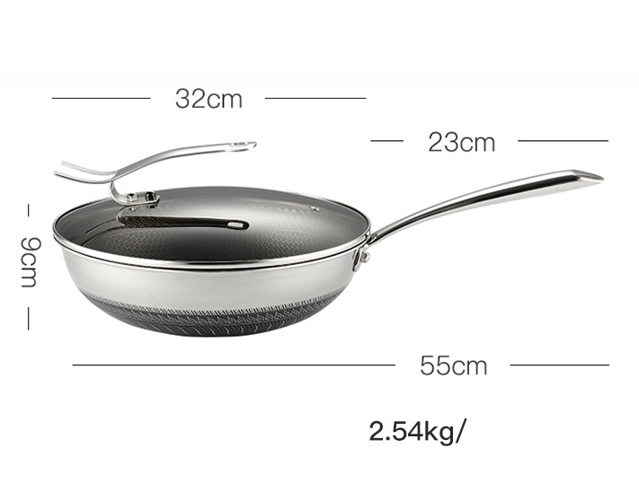 Chảo Xào Chống Dính Inox 304 Có Nắp Kính  - 55x32x9cm (ĐK:32cm), 2540g