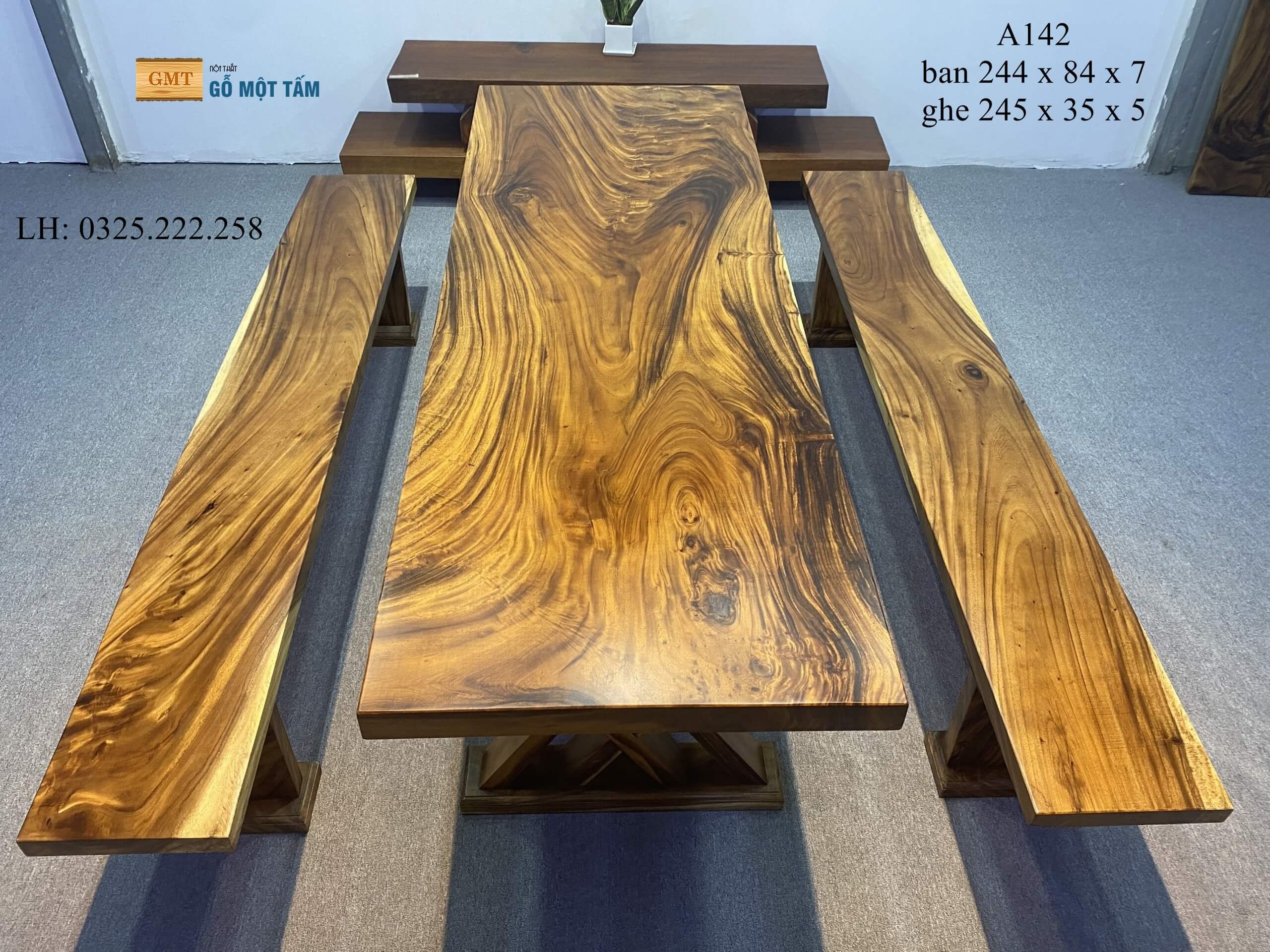 Bàn Cafe Gỗ Me Tây, Bàn Làm Việc Gỗ Me Tây, Bàn Gỗ Me Tây Nguyên Tấm Dài 2,44m Rộng 84cm Dày 7cm