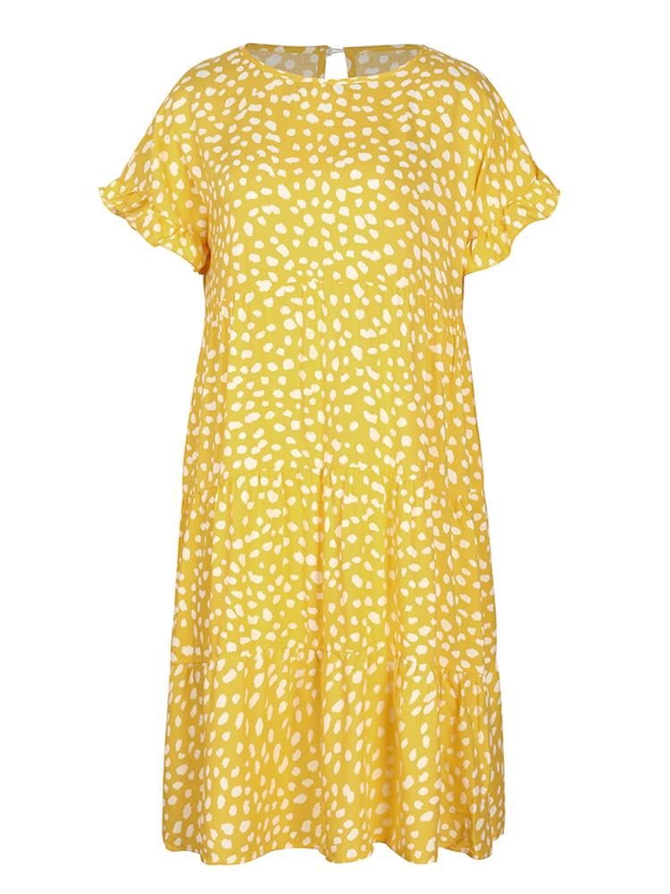 Women Casual Dress Dot Print Round Neck Short Sleeve Ruffle Loose A-line Party Dress