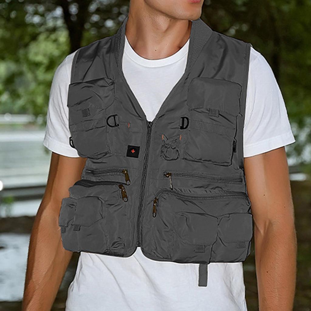 Multi Pocket Photography Hunting Fishing Vest Jacket Waistcoat Gray L