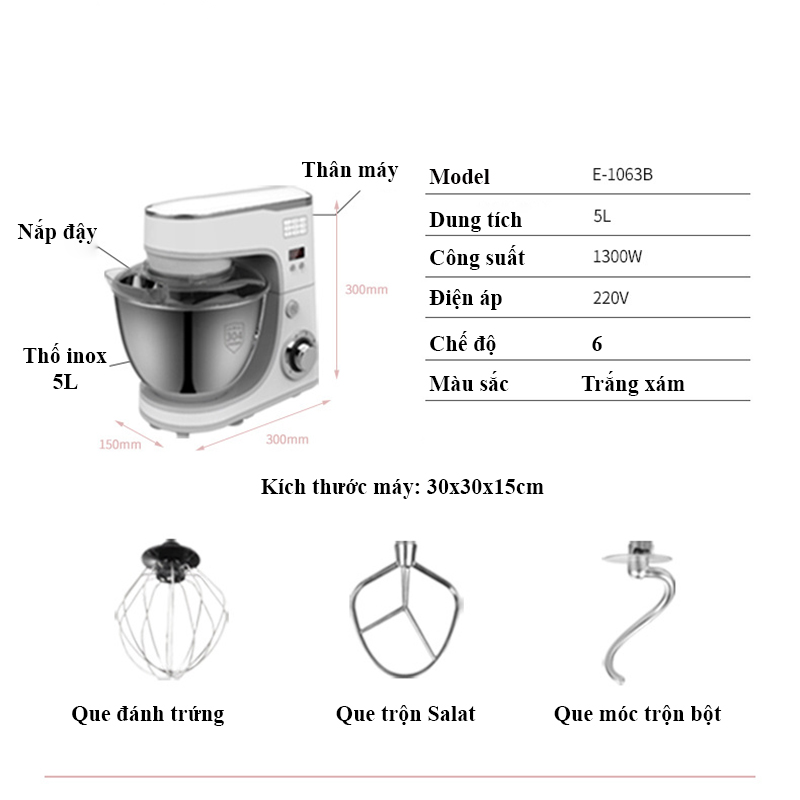 Máy nhào bột, đánh trứng để bàn đa năng EPRO 1300W, thố inox 5L, 6 tốc độ điều chỉnh có chức năng hẹn giờ tắt máy