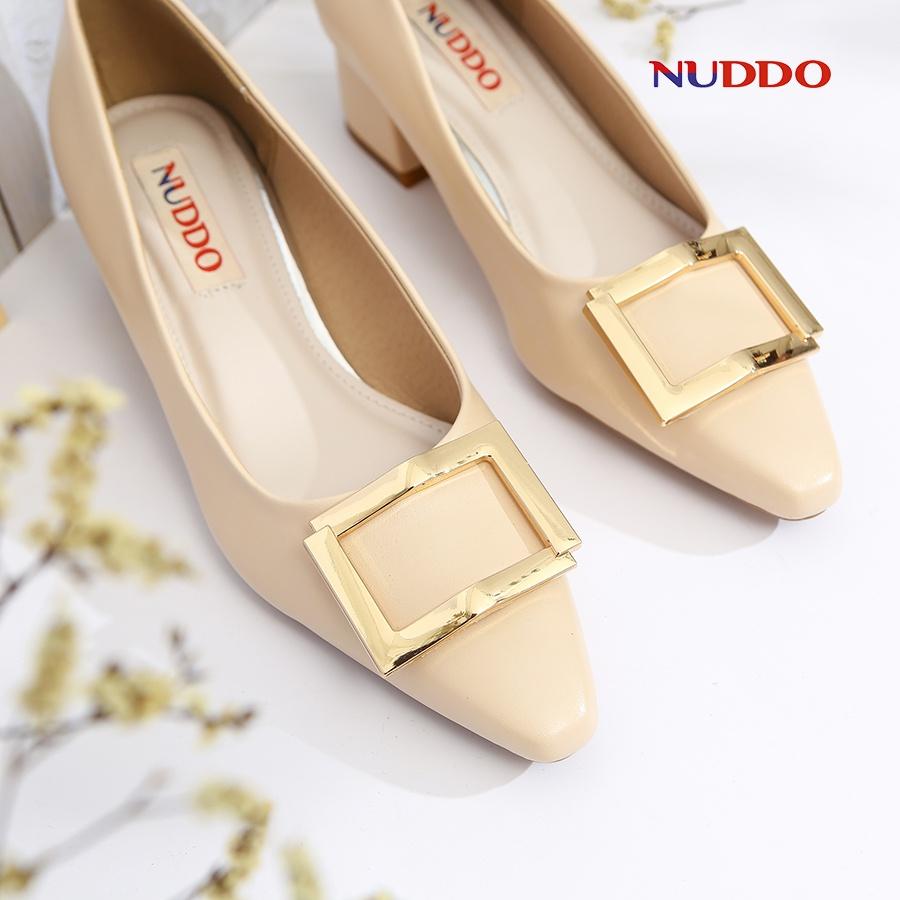 Giày cao gót nữ công sở NUDDO gót vuông cao 3 phân mũi vuông da lì gắn nơ kim loại sang trọng_NUN02