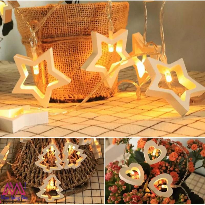 Dây đèn trang trí cắm điện hình ngôi sao khung gỗ màu vàng ấm