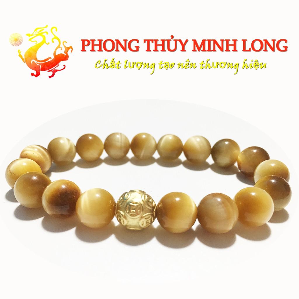 Vòng tay đá Mắt Hổ Vàng Tâm chất lượng 5A mix 1 hạt Kim Tiền vàng hợp mệnh Thổ và mệnh Kim