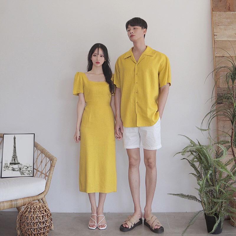 Set Áo váy đôi sơ mi CoupleTina màu vàng nổi bật