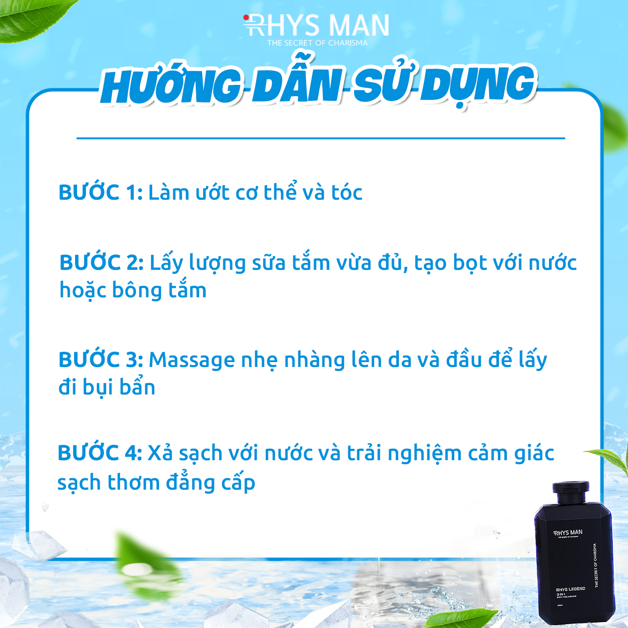 Sữa tắm gội nam RHYS MAN hương nước hoa 3 in 1 Rhys Legend 350ml - Hàng chính hãng