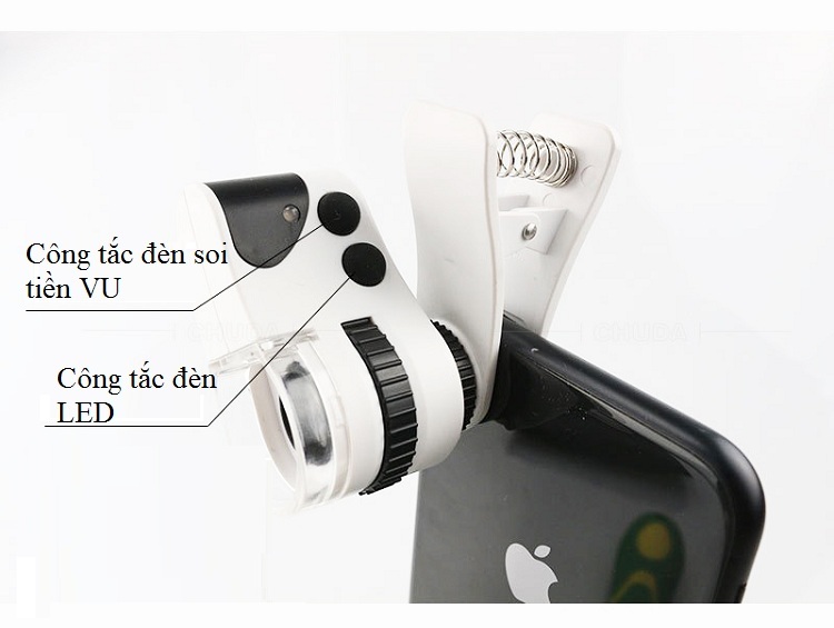 Kính lúp mini 50X kẹp điện thoại tích hợp LED trắng và LED tím