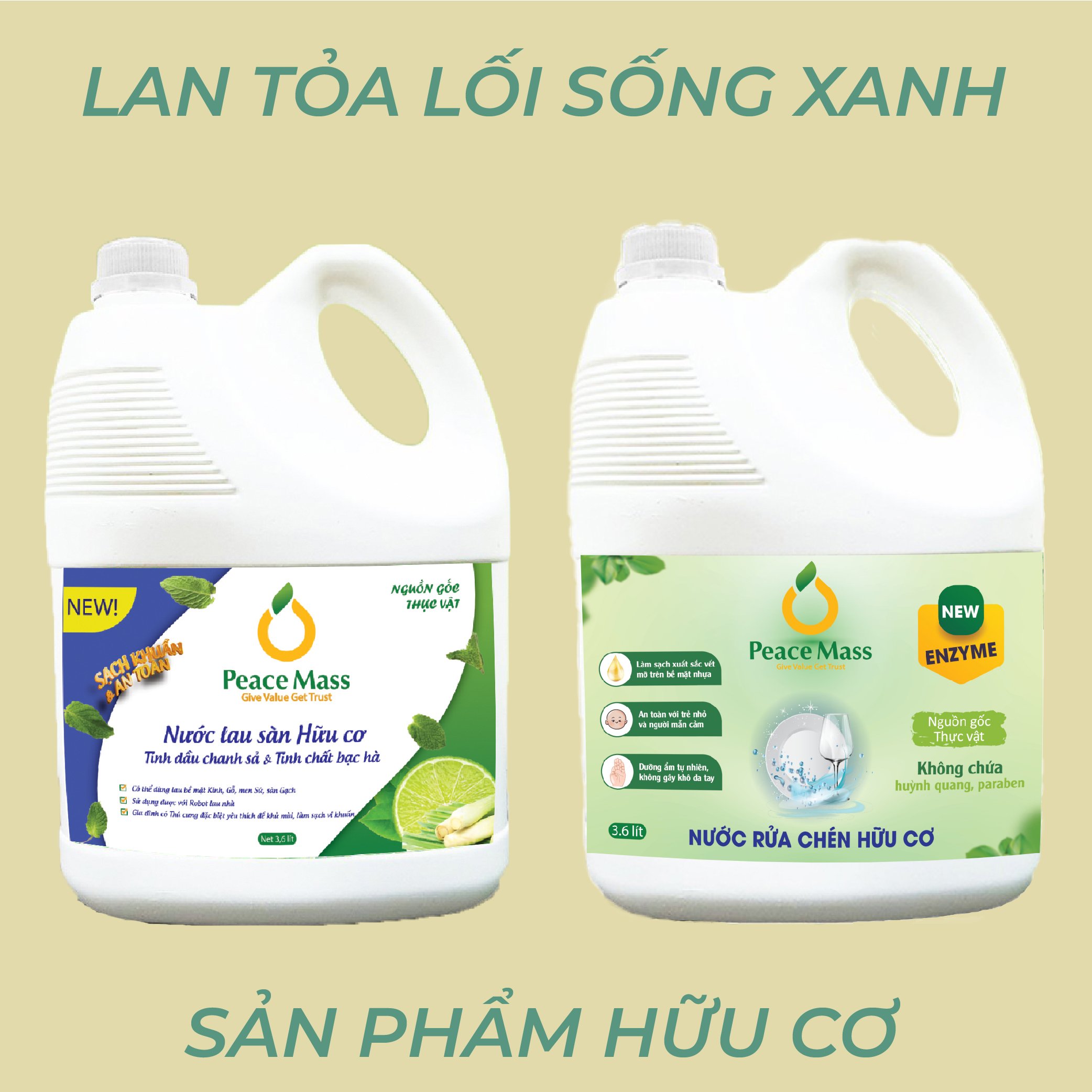 Combo Sản Phẩm Gốc Thực Vật LSB3 Peace Mass Nước Lau Sàn TD Chanh Sả - Bạc Hà 3.6 l + Nước Rửa Chén 3.6 l (Thuộc nhóm Sản phẩm Lành tính / Hữu cơ)