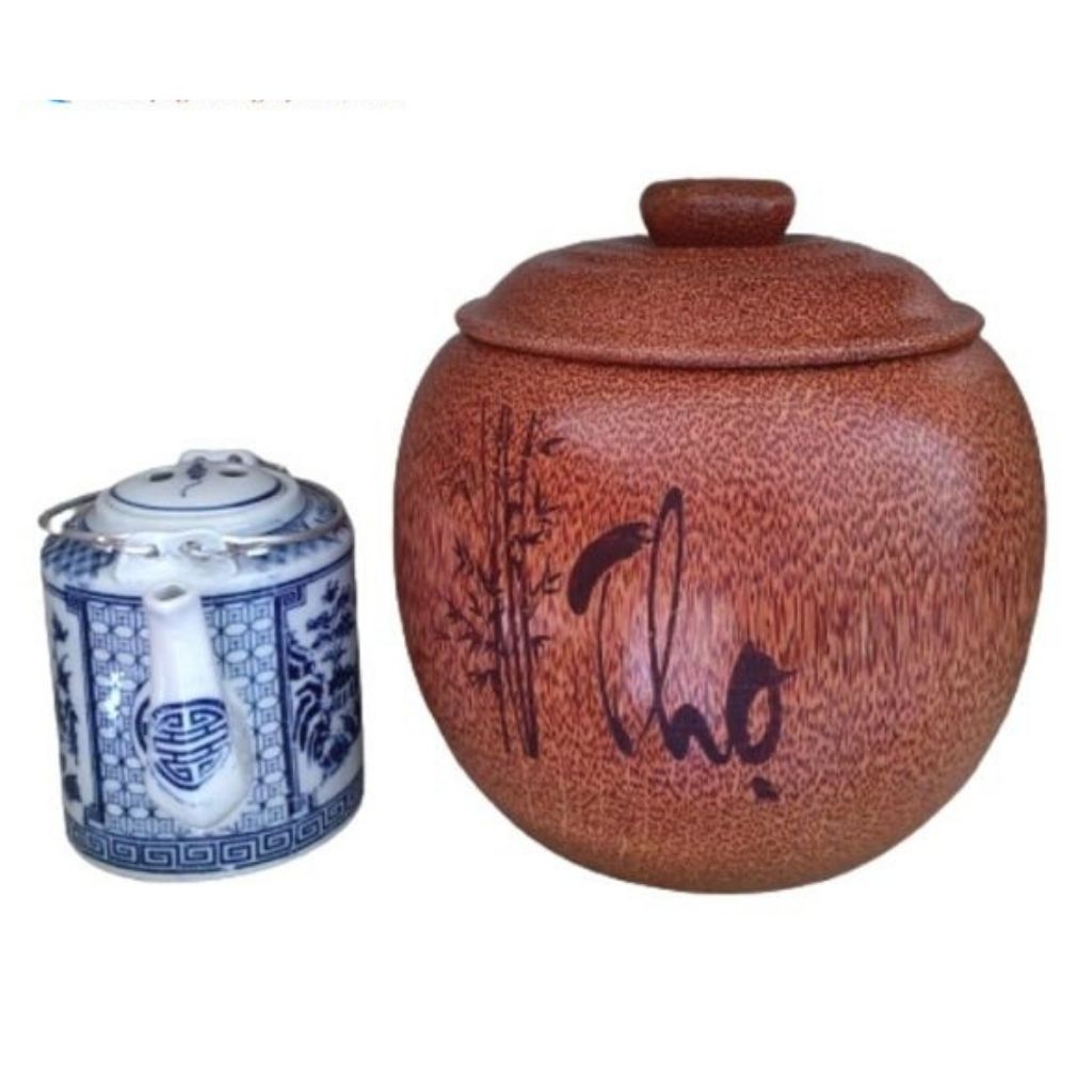 Bình Trà Gỗ Dừa Gọn Đẹp Khắc Hoa Văn Lồng Chữ Thọ Và Bình Trà 700 - 950ml - Sản Phẩm Được Sản Xuất Tại Bến Tre