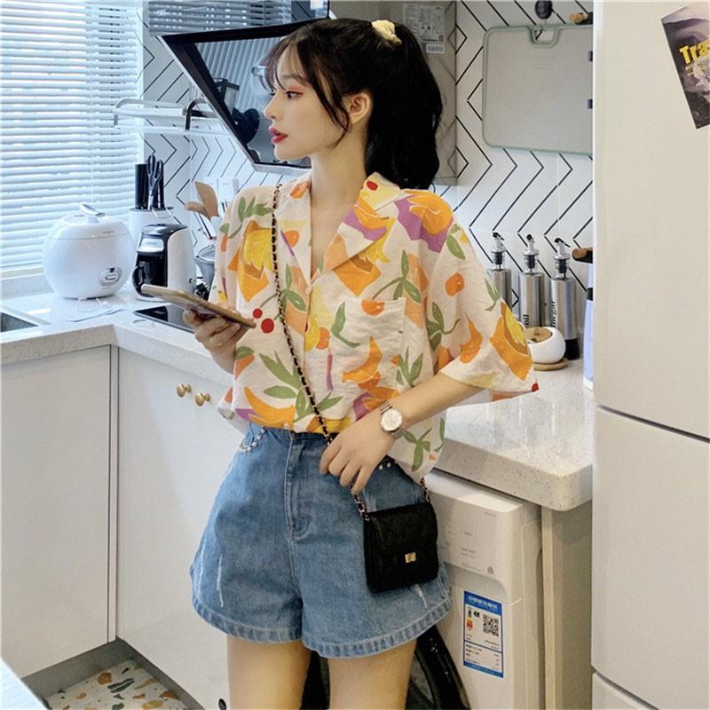Áo Sơ Mi Chiffon Tay Ngắn In Họa Tiết Kiểu Hàn Quốc Thời Trang Mùa Hè Cho Nữ