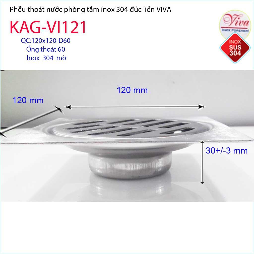 Phễu thoát sàn Viva 12x12 cm KAG-VI121 ống thoát 60mm chống mùi hôi inox 304, thoát sàn inox đúc dày thoát nước nhanh ch