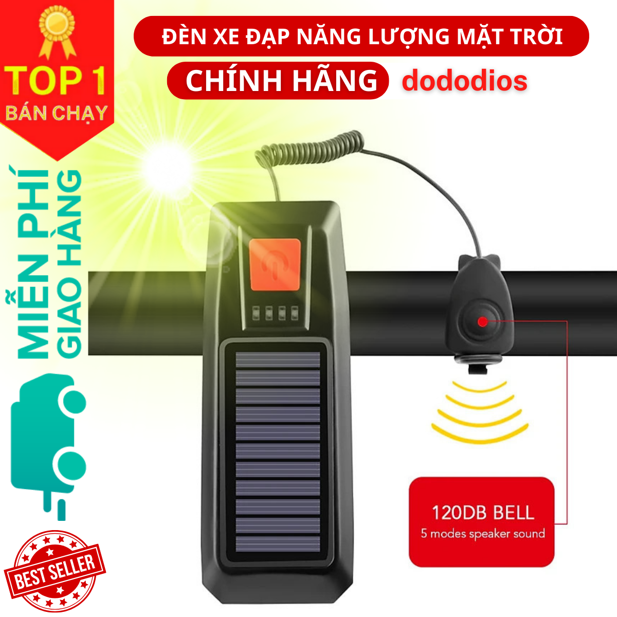 Đèn LED Xe Đạp Năng Lượng Mặt Trời Kèm Còi, Đèn Xe đạp Sạc bằng Năng Lượng Mặt Trời - USB Đèn Xe Đạp có Chuông Còi, Đèn Pin Xe Đạp chống nước có 3 chế độ sáng, sạc lại qua cổng USB, Chuông còi kêu to Phù Hợp Với Xe Đạp Leo Núi - Hàng Chính Hãng dododios