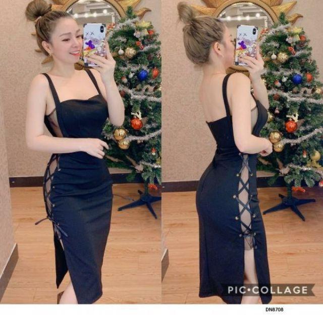 Đầm body phối lưới đan dây hông sexy
