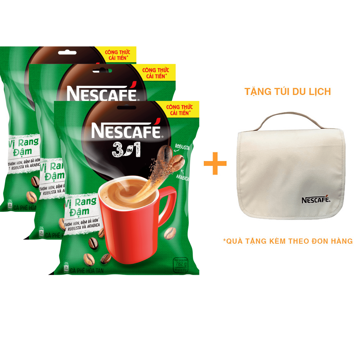 Combo 3 Bịch NESCAFÉ 3IN1 Công thức cải tiến - Vị rang đậm -  Túi 46 gói (17g) [Tặng túi du lịch đa năng]