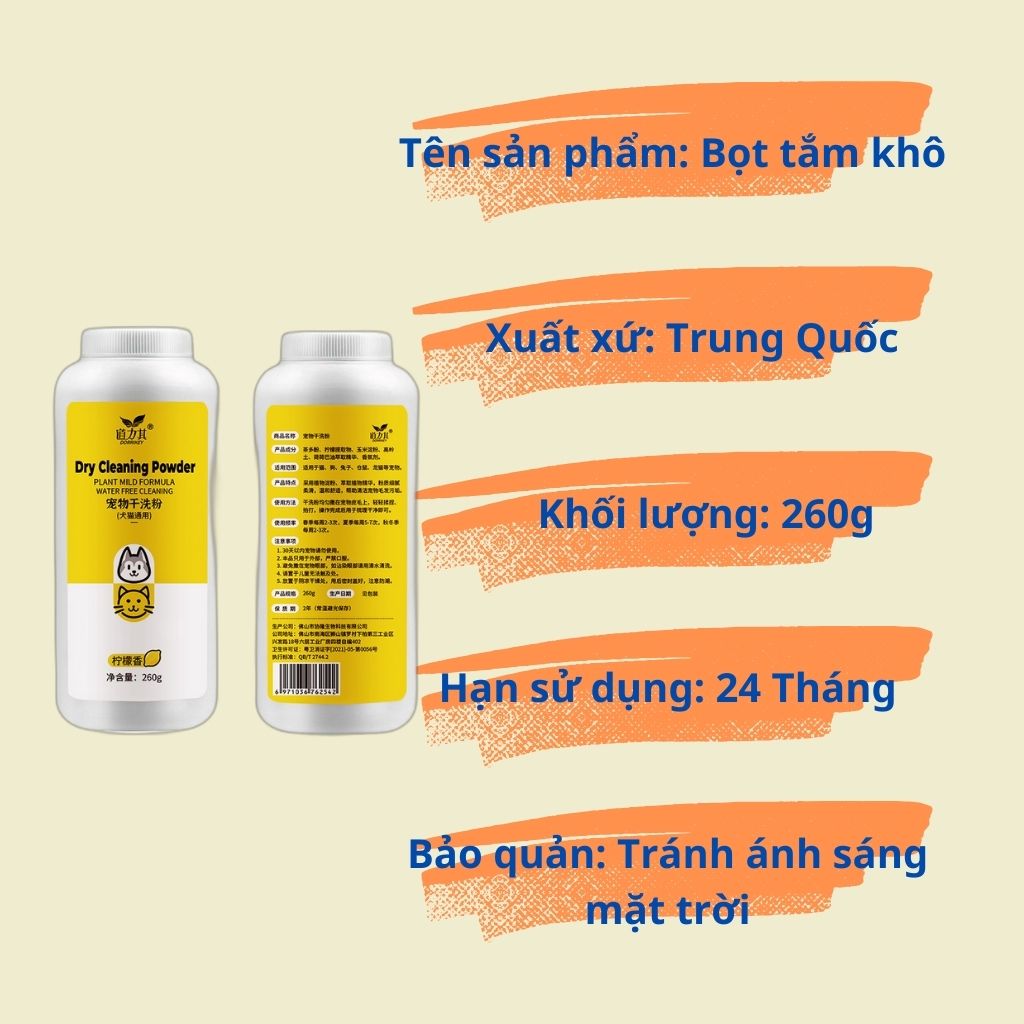 Bột tắm khô Dorrikey giúp khử khuẩn làm sạch cơ thể cho thú cưng - Chai 260g