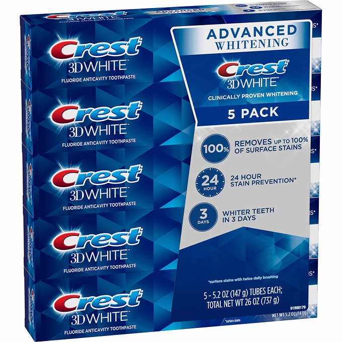 Sét 5 cây kem đánh răng crest 3d white advanced whitening 147g mẫu mới của Mỹ trắng răng thơm miệng