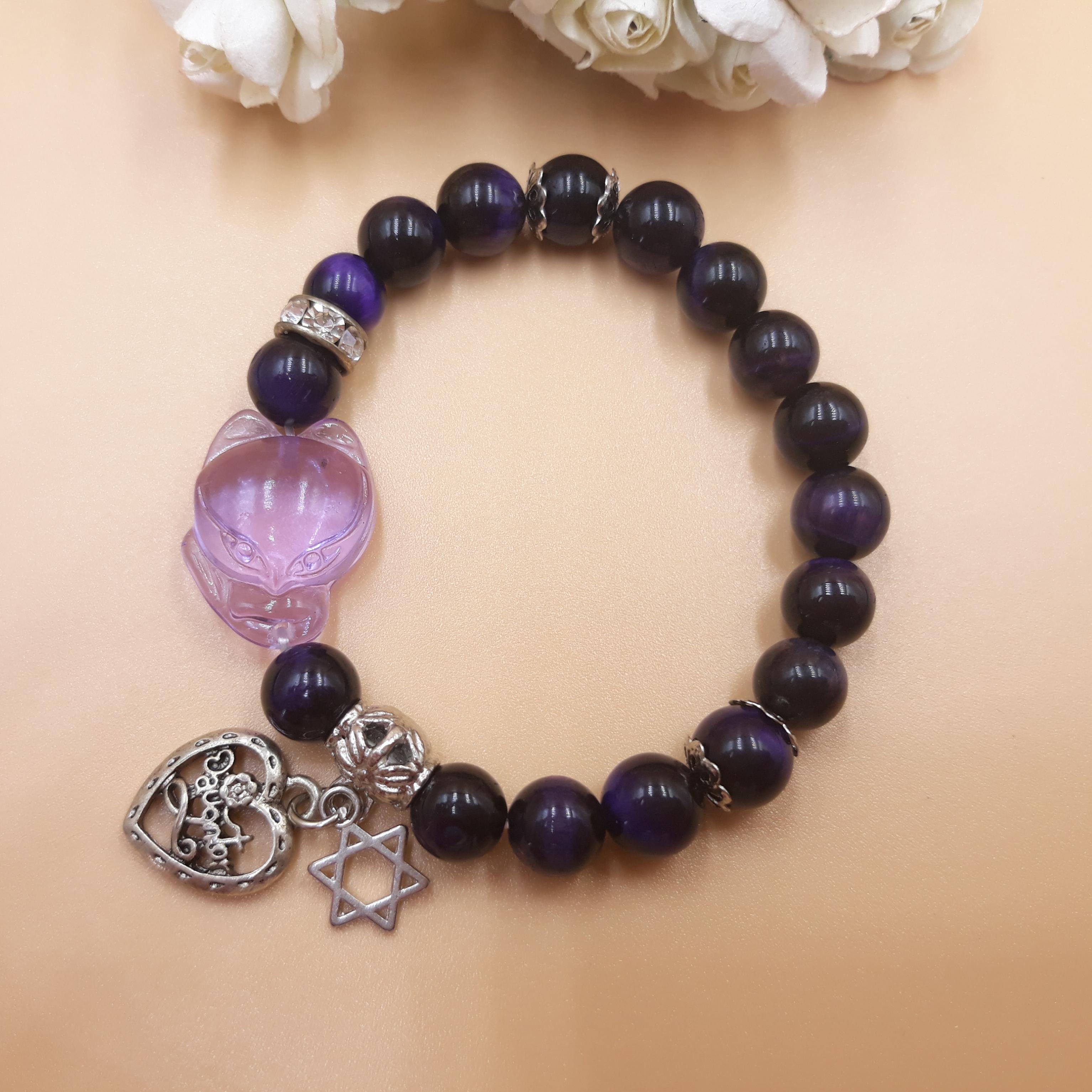 Vòng Tay Hồ Ly Baby Topaz Tím Phối Thạch Anh Tím Mix Charm