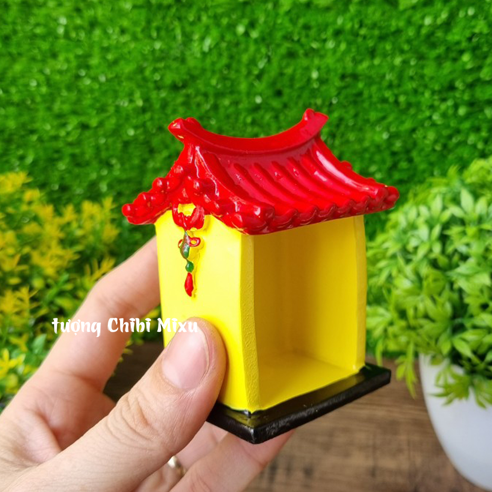 Miếu Thần Tài 275K (gồm Miếu size nhỏ + tượng xi 3.4cm + lư và chung cúng đất sét + đế vuông) ban thờ trang trí