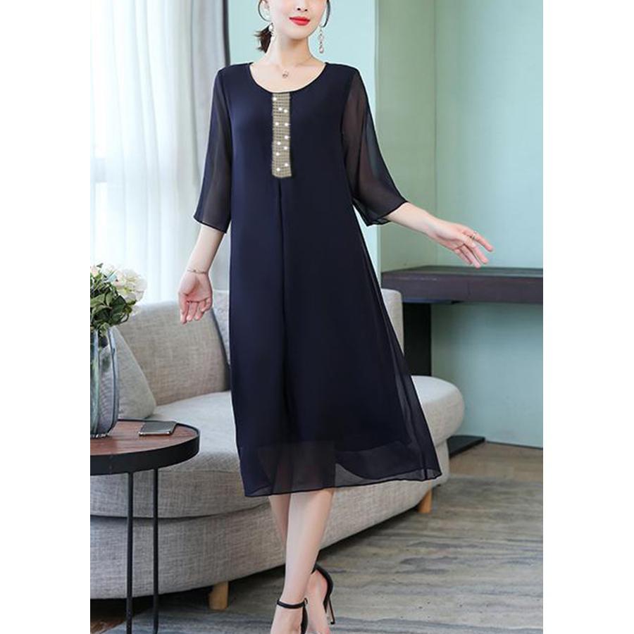 Đầm Trung Niên Dự Tiệc Vải Voan Dáng Suông Hai Lớp. Size S->5XL