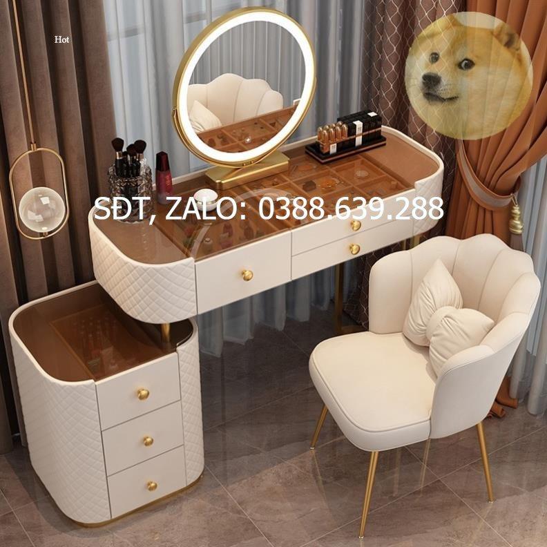 Bộ bàn ghế trang điểm: Bàn phấn kẻ caro bọc ( NỈ, DA) 3 ngăn 2 mặt kính, chân tủ 3 ngăn + Ghế + Gương