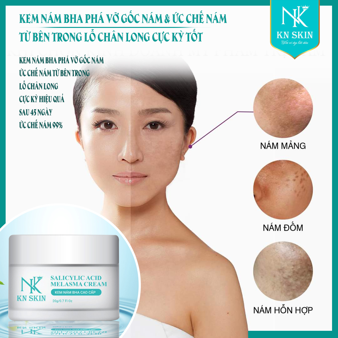 KEM TRỊ NÁM BHA CAO CẤP KN SKIN Công dụng. Dưỡng trắng da, dưỡng ẩm da, giúp làm mờ vết thăm, năm, tần nhang, giúp hỗ trợ phục hồi da, giúp giảm nhăn da, giúp ngăn ngừa lão hóa da