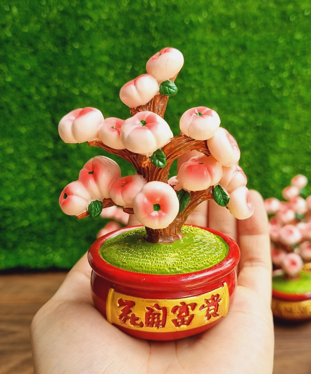 Bộ 02 tượng Ông Bà Thọ / Bách Niên Giai Lão 7cm kèm chậu đào trường thọ 10cm
