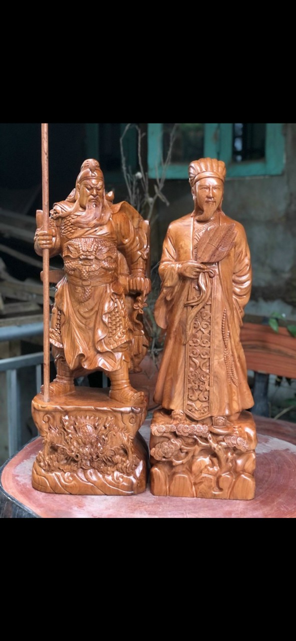 Cặp văn võ song toàn,tượng khổng minh và quan công bằng gỗ hương kt cao 30×13×11cm