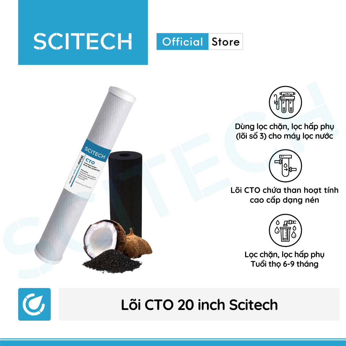 Lõi lọc nước số 3 CTO 20 inch by Scitech dùng trong máy lọc nước RO, bộ lọc thô - Hàng chính hãng