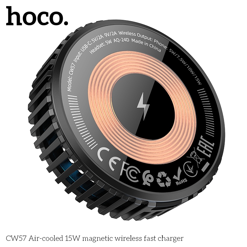 Đế sạc không dây từ tính Hoco CW57 sạc nhanh 15W có quạt tản nhiệt cho iP 12 13 14 15 Pro Max _  Hàng chính hãng